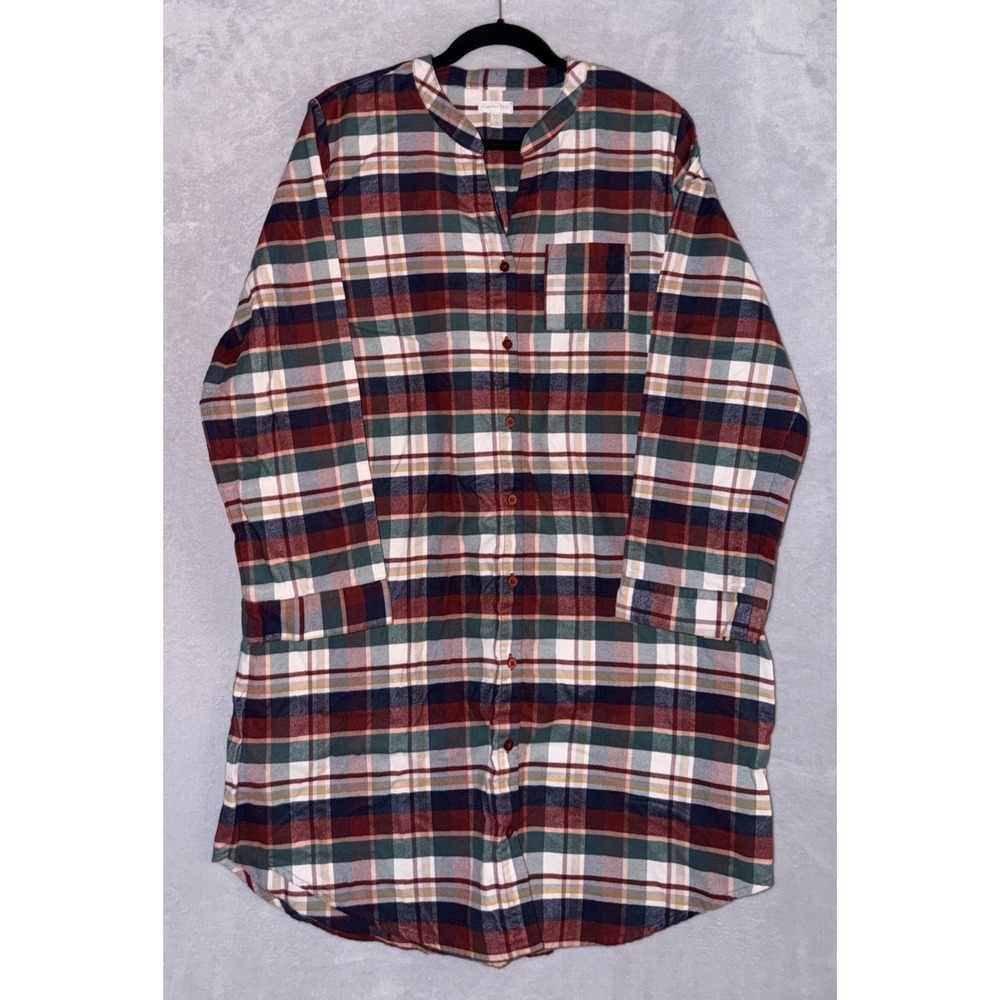 Garnet Hill Women's Organic-Pima-Cotton Flannel Gown Blue Maroon Green Plaid XL